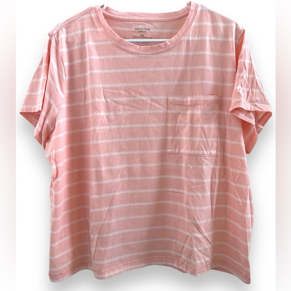Arizona Jean Co. Semi-Fit Pocket Tee Size XXL in Peach/Coral/Salmon Stripes